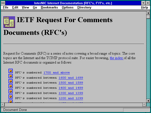 Screenshot of InterNIC Internet Documentation (RFC's FYI's etc.)
