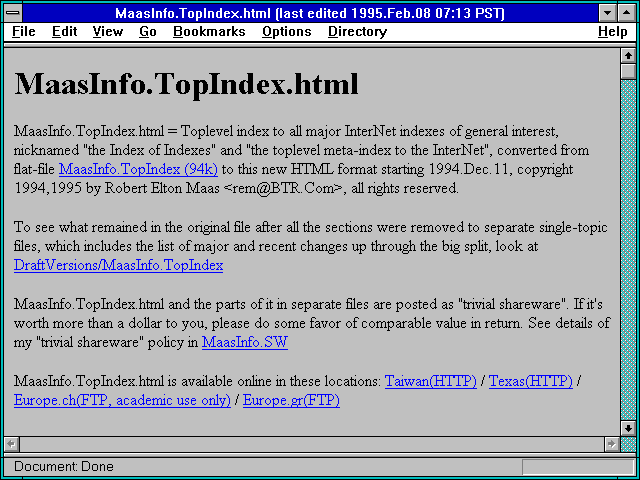 Screenshot of MaasInfo.TopIndex.html (last edited 1995.Feb.08 07:13 PST)