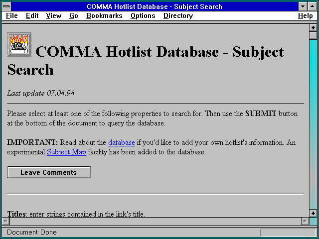 Screenshot of COMMA Hotlist Database - Subject Search