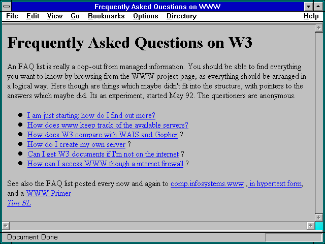 Screenshot of Frequently Asked Questions on WWW