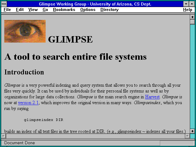 Screenshot of Glimpse Working Group - University of Arizona CS Dept.