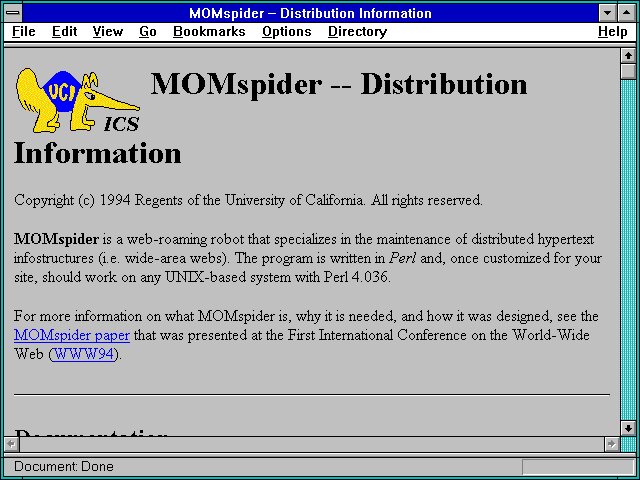 Screenshot of MOMspider -- Distribution Information