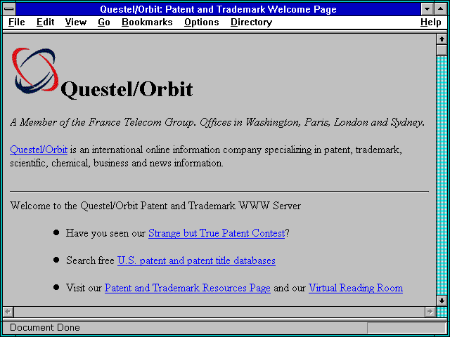 Screenshot of Questel/Orbit: Patent and Trademark Welcome Page