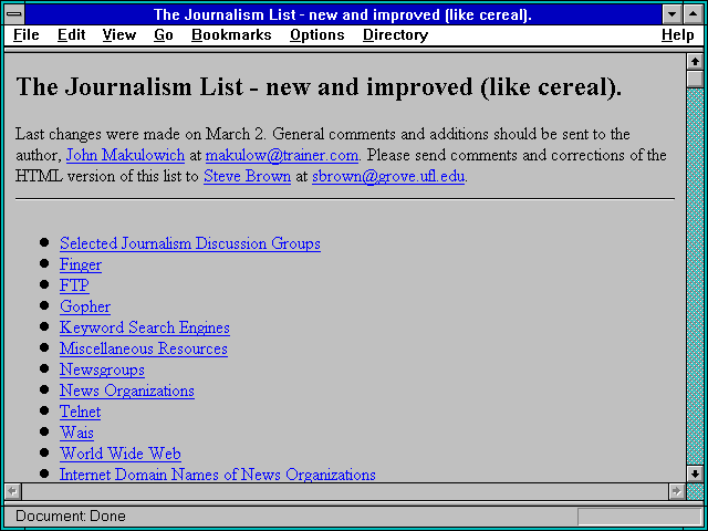 Screenshot of The Journalism List - new and improved (like cereal).