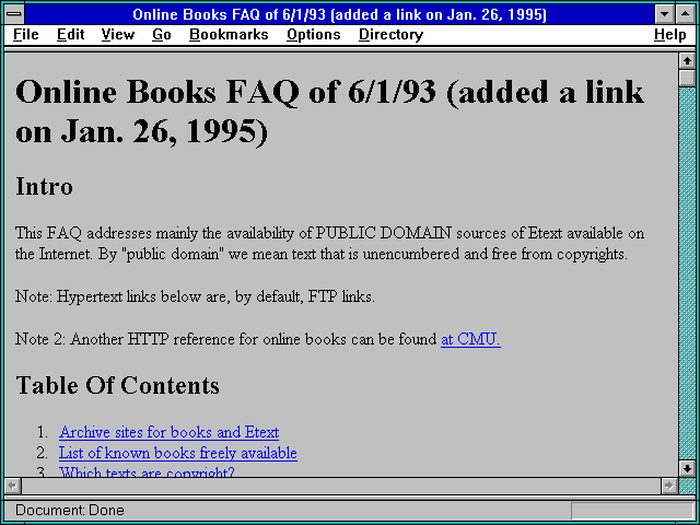 Screenshot of Online Books FAQ of 6/1/93 (added a link on Jan. 26 1995)