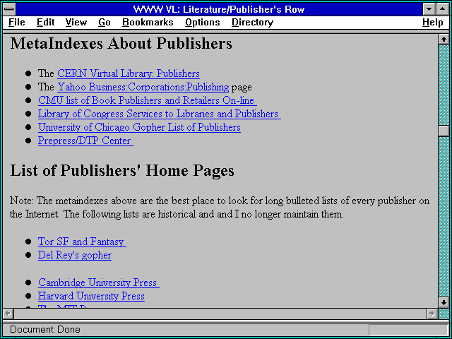 Screenshot of WWW VL: Literature/Publisher's Row