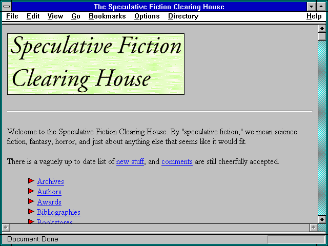 Screenshot of The Speculative Fiction Clearing House