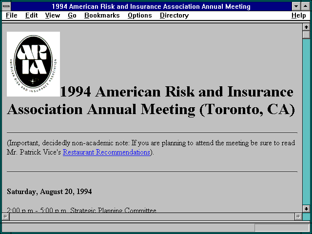 Screenshot of 1994 American Risk and Insurance Association Annual Meeting