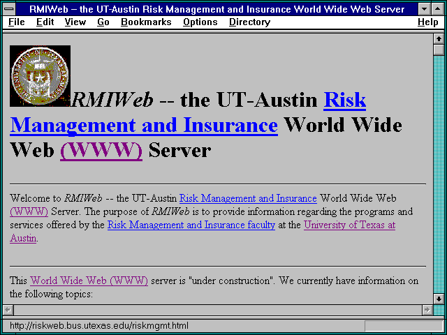 Screenshot of the UT-Austin Risk Management and Insurance World Wide Web Server