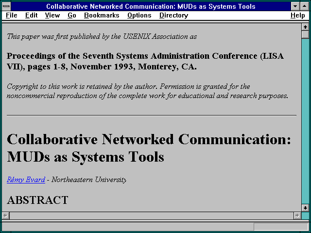 Screenshot of Collaborative Networked Communication: MUDs as Systems Tools