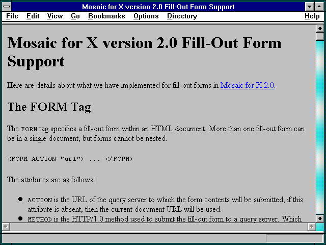 Screenshot of Mosaic for X version 2.0 Fill-Out Form Support