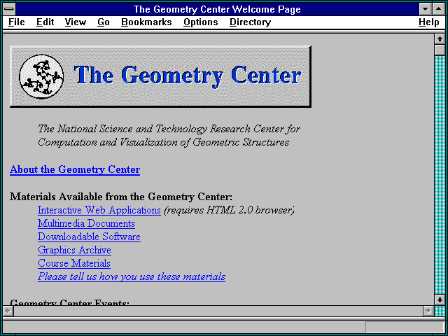 Screenshot of The Geometry Center Welcome Page