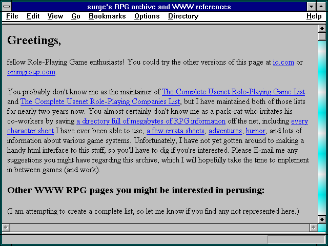 Screenshot of surge's RPG archive and WWW references
