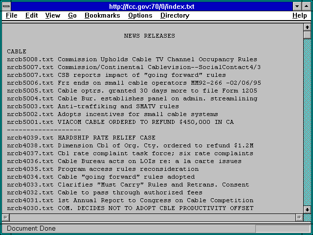 Screenshot of http://fcc.gov:70/0/index.txt