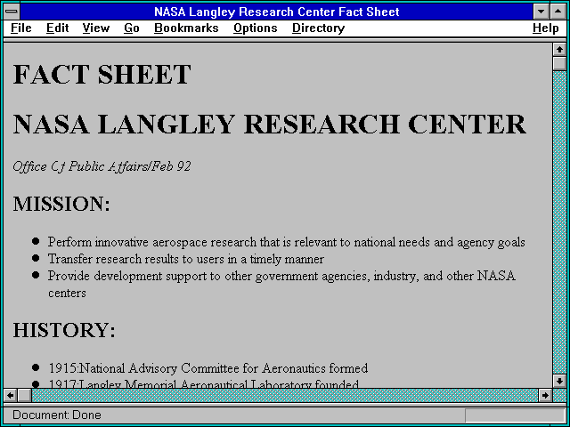 Screenshot of NASA Langley Research Center Fact Sheet