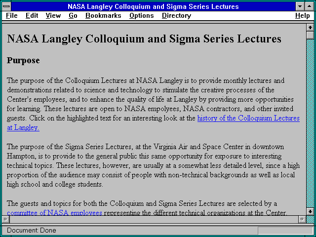 Screenshot of NASA Langley Colloquium and Sigma Series Lectures