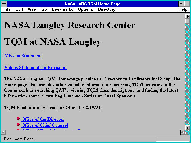 Screenshot of NASA LaRC TQM Home Page