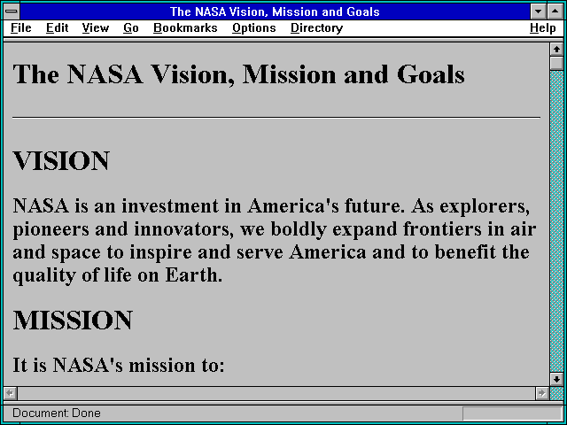 Screenshot of The NASA Vision Mission and Goals