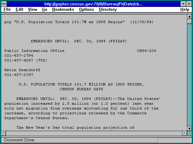 Screenshot of http://gopher.census.gov:70/0/Bureau/Pr/Date/cb94-206.txt