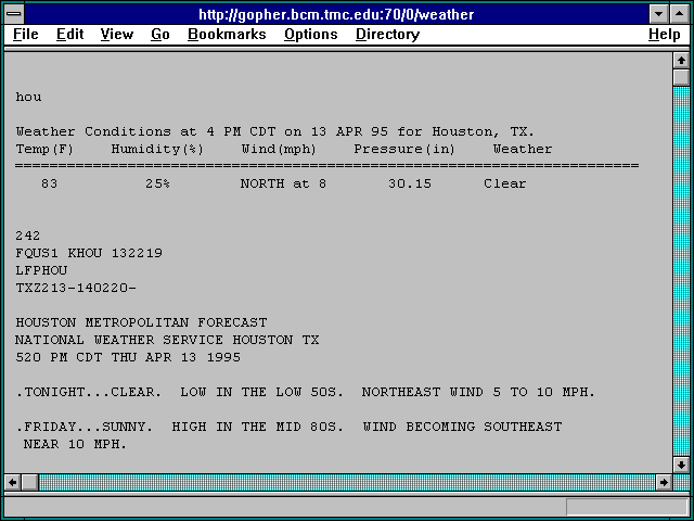 Screenshot of http://gopher.bcm.tmc.edu:70/0/weather