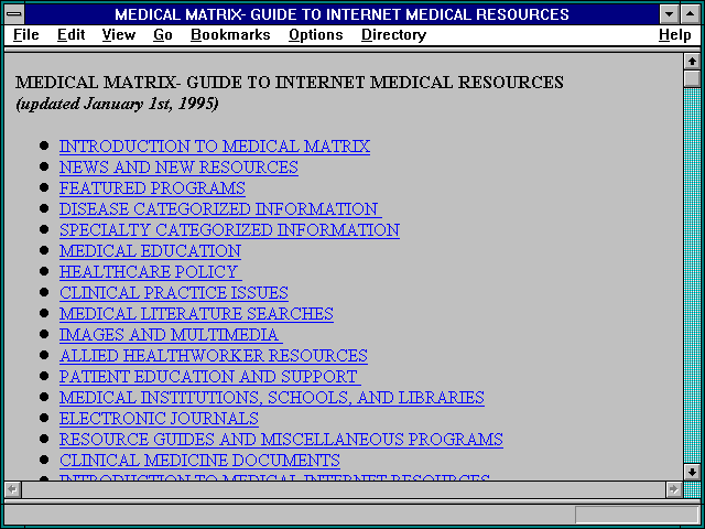 Screenshot of MEDICAL MATRIX- GUIDE TO INTERNET MEDICAL RESOURCES