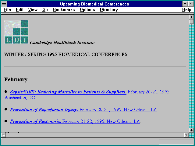 Screenshot of Upcoming Biomedical Conferences