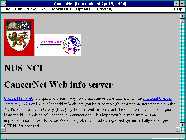 Screenshot of CancerNet (Last updated April 5 1994)