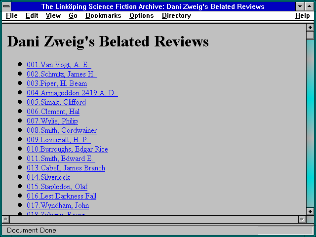 Screenshot of The Linkoping Science Fiction Archive: Dani Zweig's Belated Reviews