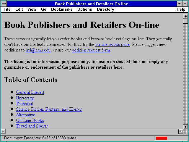 Screenshot of Book Publishers and Retailers On-line