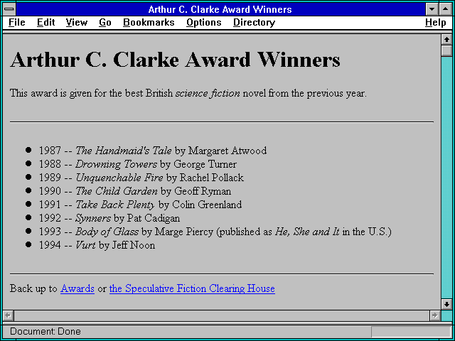 Screenshot of Arthur C. Clarke Award Winners