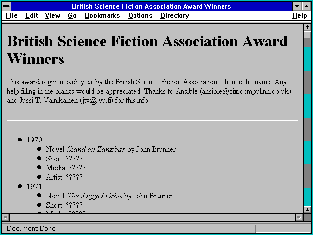 Screenshot of British Science Fiction Association Award Winners