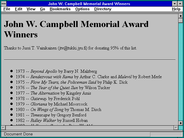 Screenshot of John W. Campbell Memorial Award Winners