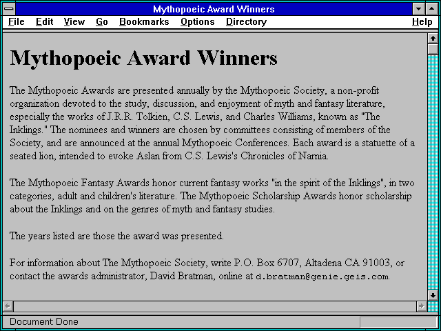 Screenshot of Mythopoeic Award Winners