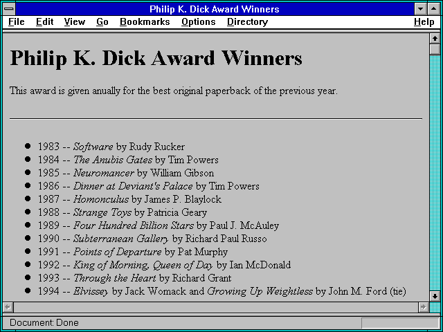 Screenshot of Philip K. Dick Award Winners