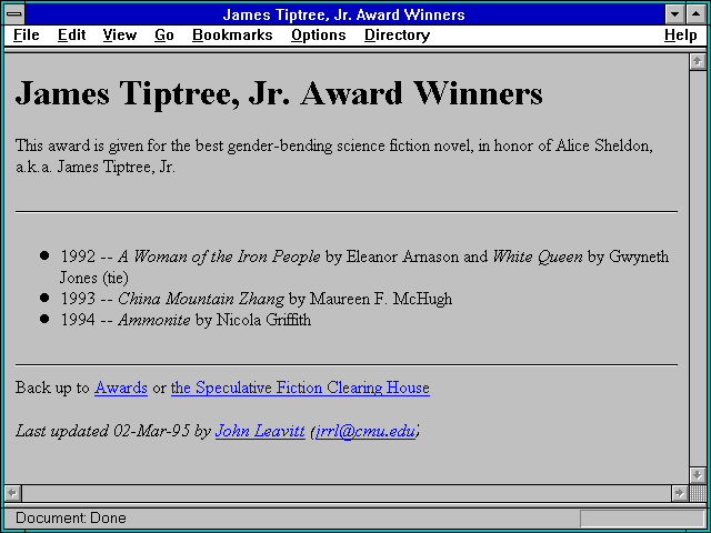 Screenshot of James Tiptree Jr. Award Winners