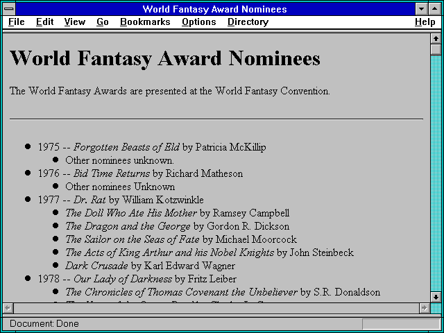Screenshot of World Fantasy Award Nominees