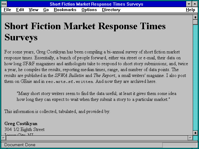 Screenshot of Short Fiction Market Response Times Surveys
