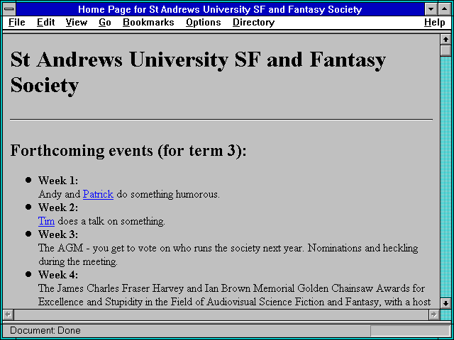 Screenshot of Home Page for St Andrews University SF and Fantasy Society
