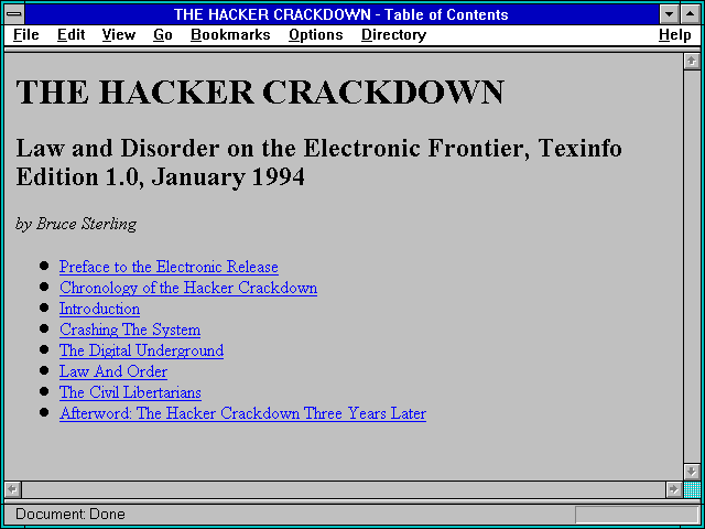 Screenshot of THE HACKER CRACKDOWN - Table of Contents