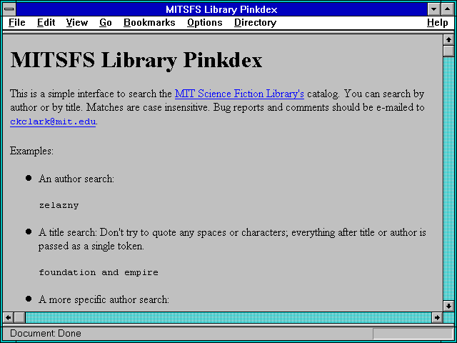 Screenshot of MIT Science Fiction Library