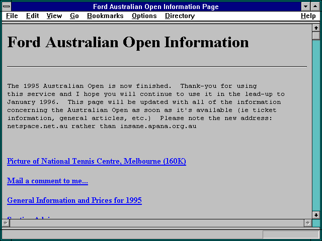 Screenshot of Ford Australian Open Information Page