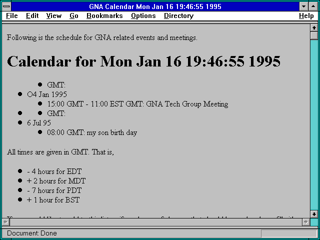 Screenshot of GNA Calendar Mon Jan 16 19:46:55 1995