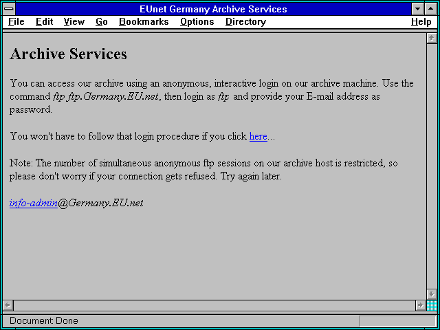 Screenshot of EUnet Germany Archive Services