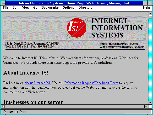 Screenshot of Internet Information Systems - Home Page Web Service Mosaic html