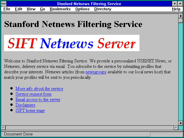 Screenshot of Stanford Netnews Filtering Service