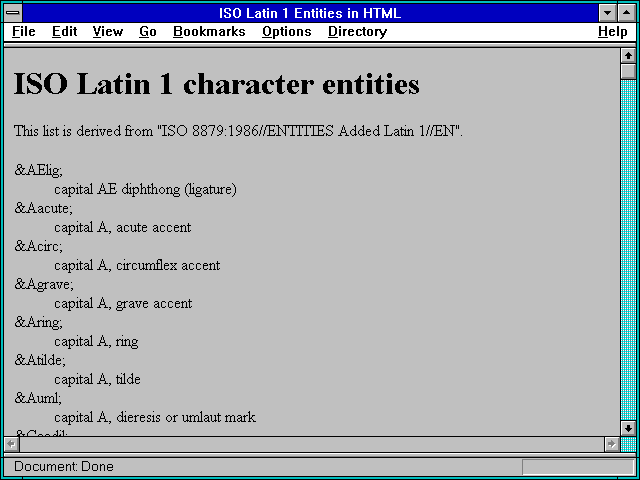 Screenshot of ISO Latin 1 Entities in HTML