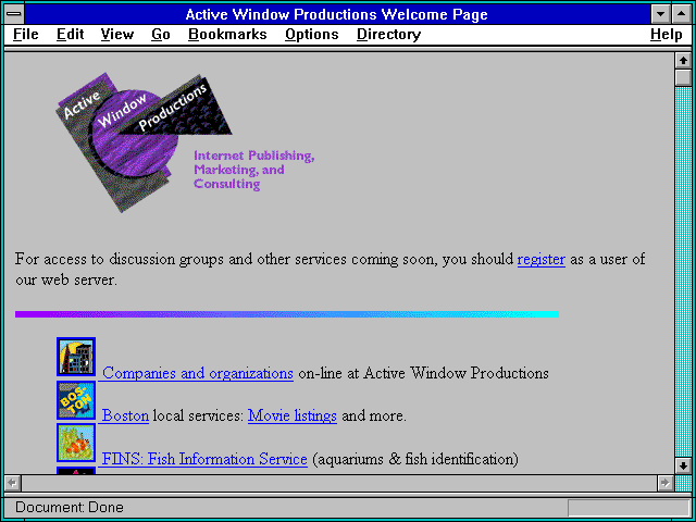 Screenshot of Active Window Productions Welcome Page