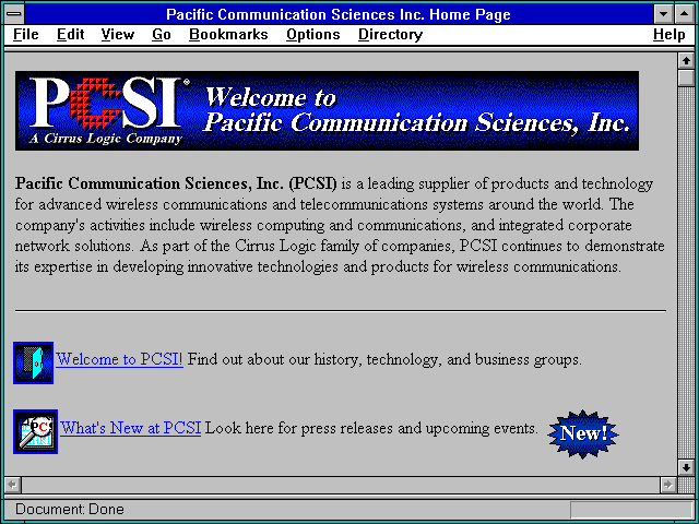 Screenshot of Pacific Communication Sciences Inc. Home Page