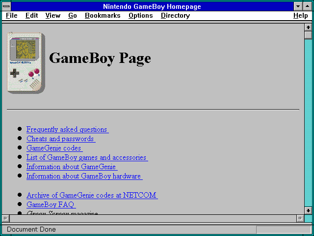 Screenshot of Nintendo GameBoy Homepage