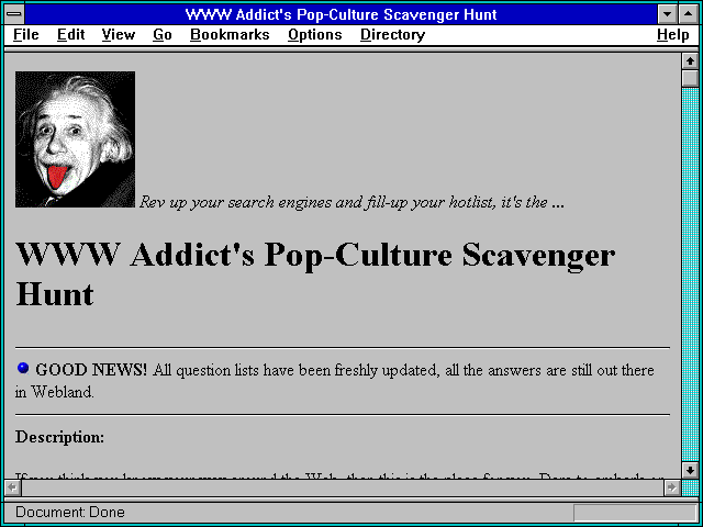Screenshot of WWW Addict's Pop-Culture Scavenger Hunt